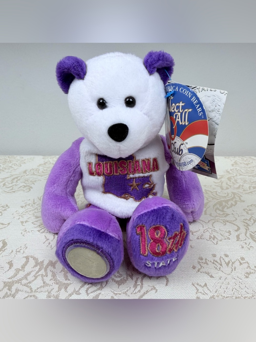 Vintage Limited Treasures State Quarter Louisiana Purple Plush Bear, 2002